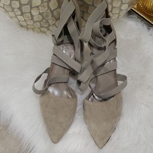 Delman Grey  Strappy Suede Heels
